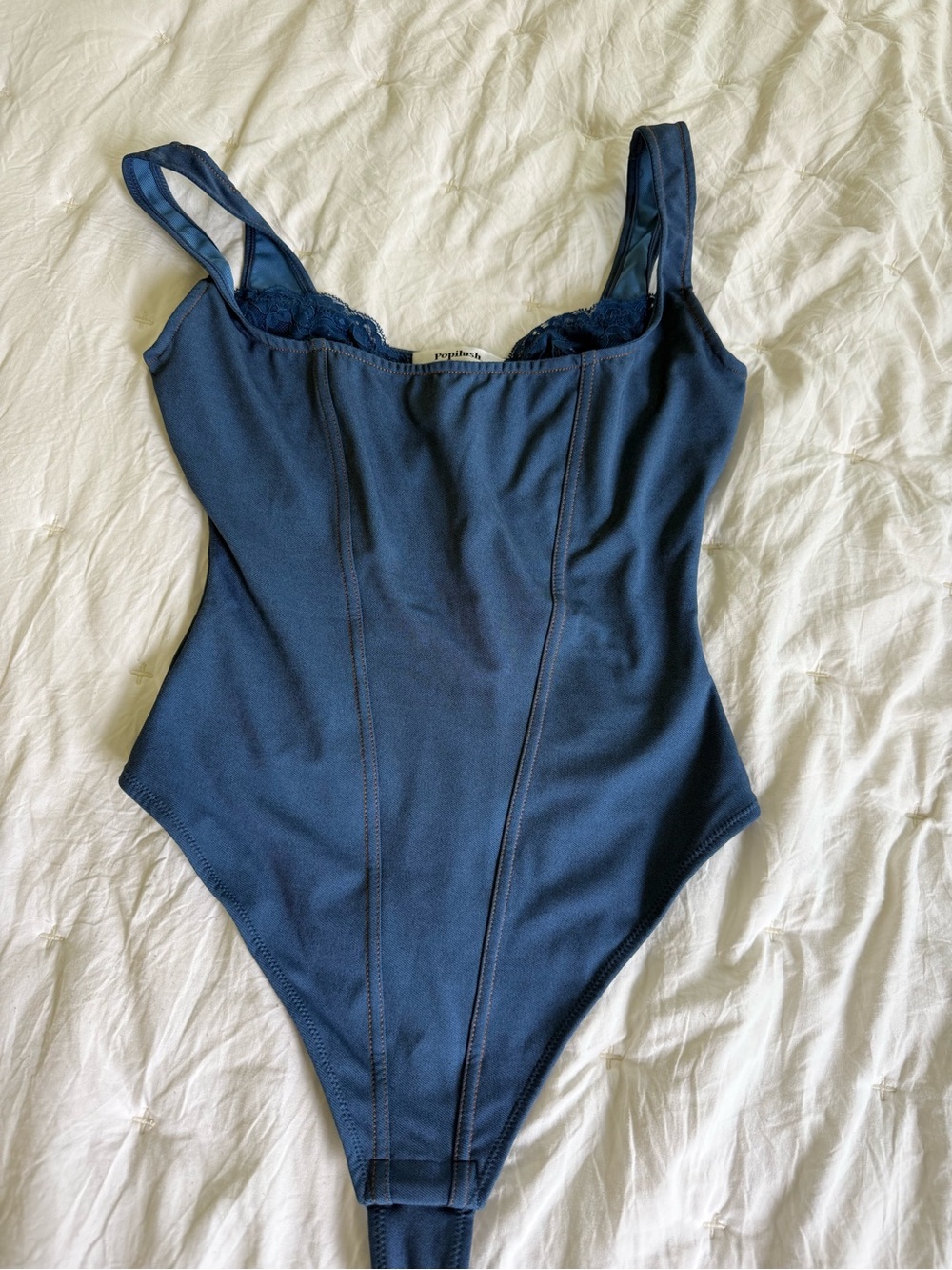 Women’s Navy Bodysuit with Lace Trim